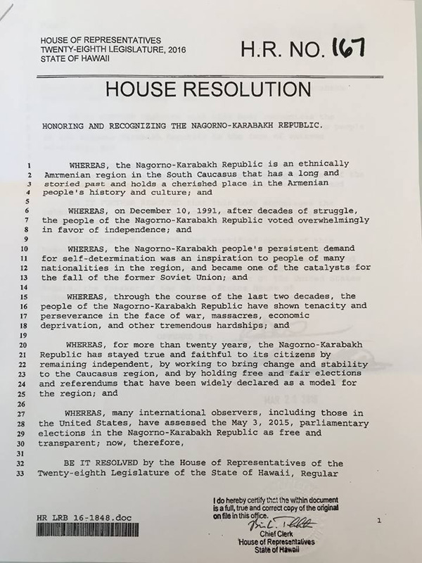 U.S. State of Hawaii Adopted Resolution Recognizing the NKR