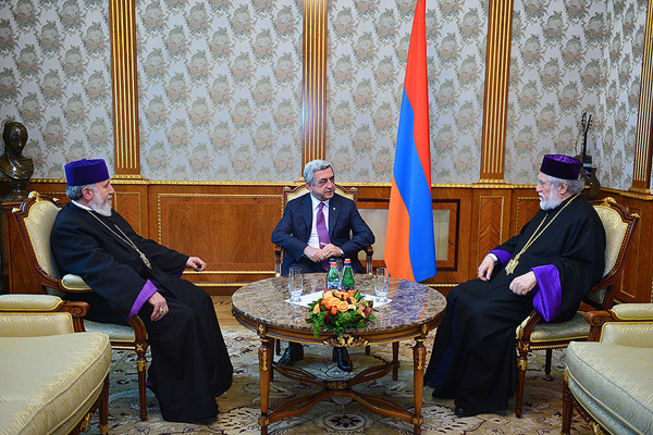 Serj Sarksian Meets Catholicos Garegin II and Catholicos Aram I