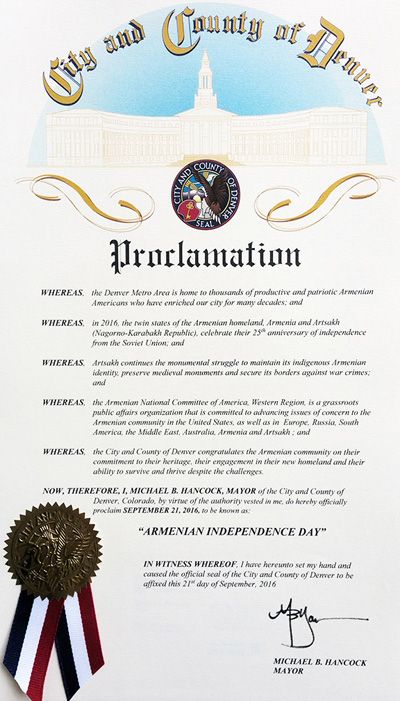 Denver Recognizes Artsakh in Proclamation on Armenia’s Independence