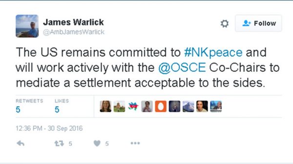 James Warlick says US committed to peaceful resolution of the Nagorno Karabakh conflict
