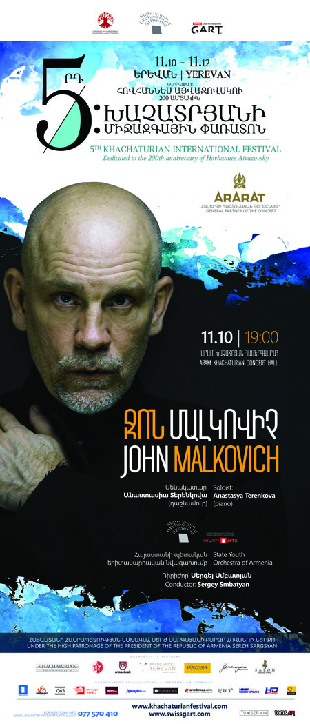 Hollywood star legendary John Malkovich will perform at the opening ceremony of Khachaturian International Festival