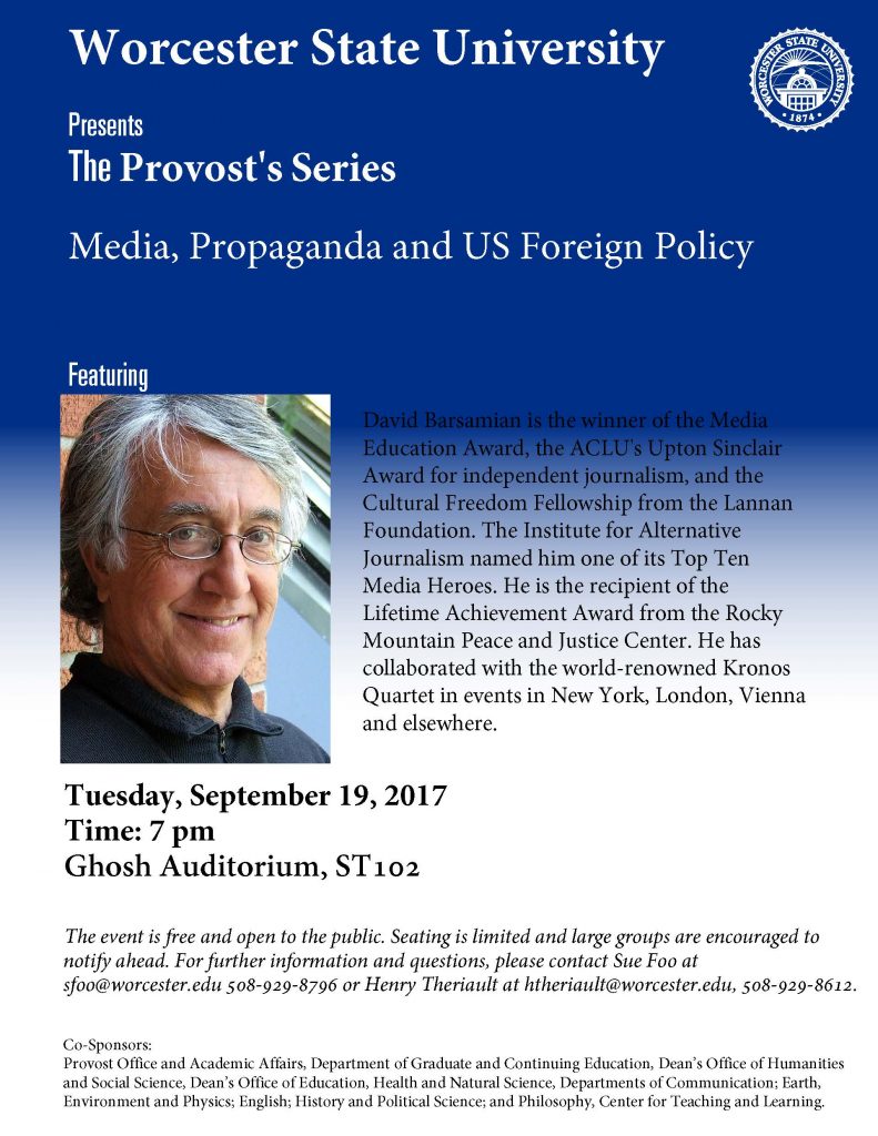 Barsamian to Present ‘Media, Propaganda, and U.S. Foreign Policy’ at Worcester State