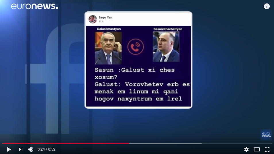 EuroNews used a meme with Galust Sahakyan’s picture instead of the video with the secret recordings for its report: ShantNews