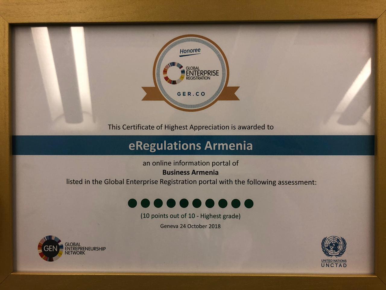 ‘Among The Most Efficient Worldwide’: On behalf of Armenia, Business Armenia receives a certificate of appreciation for a transparent investment process.