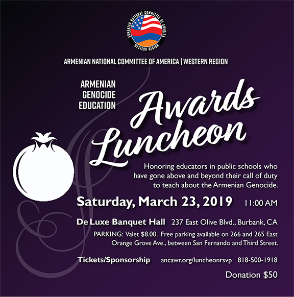 ANCA-WR’s Armenian Genocide Education Awards Luncheon Set for March