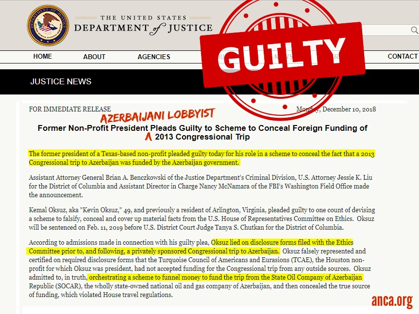 Turkish American Lobbyist Pleads Guilty to Illegally Funding Congressional Trips with Azerbaijani Government Oil Money