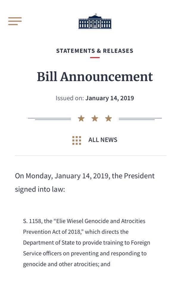 Elie Wiesel Genocide and Atrocities Prevention Act Signed Into  Law
