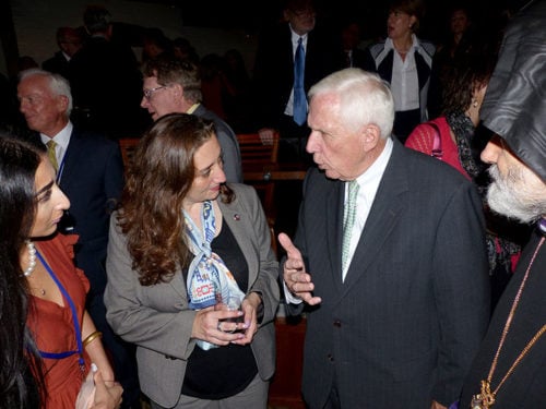 Former U.S. Congressman and human rights champion Frank Wolf (R-VA) speaking with His Eminence Archbishop Anoushavan Tanielian, ANCA National Board Member Ani Tchaghlasian and ANCA Idaho Chair Liyah Babayan