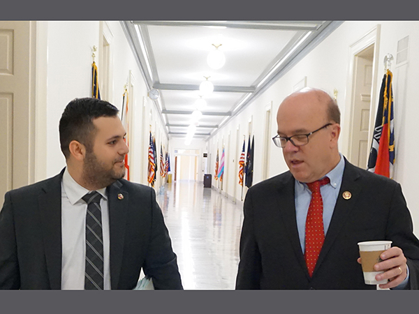 ANCA Programs Director Sipan Ohannesian chatting with Rules Committee Chairman Jim McGovern (D-MA) in the run-up to consideration of the Armenian Genocide Resolution (H.Res.296).