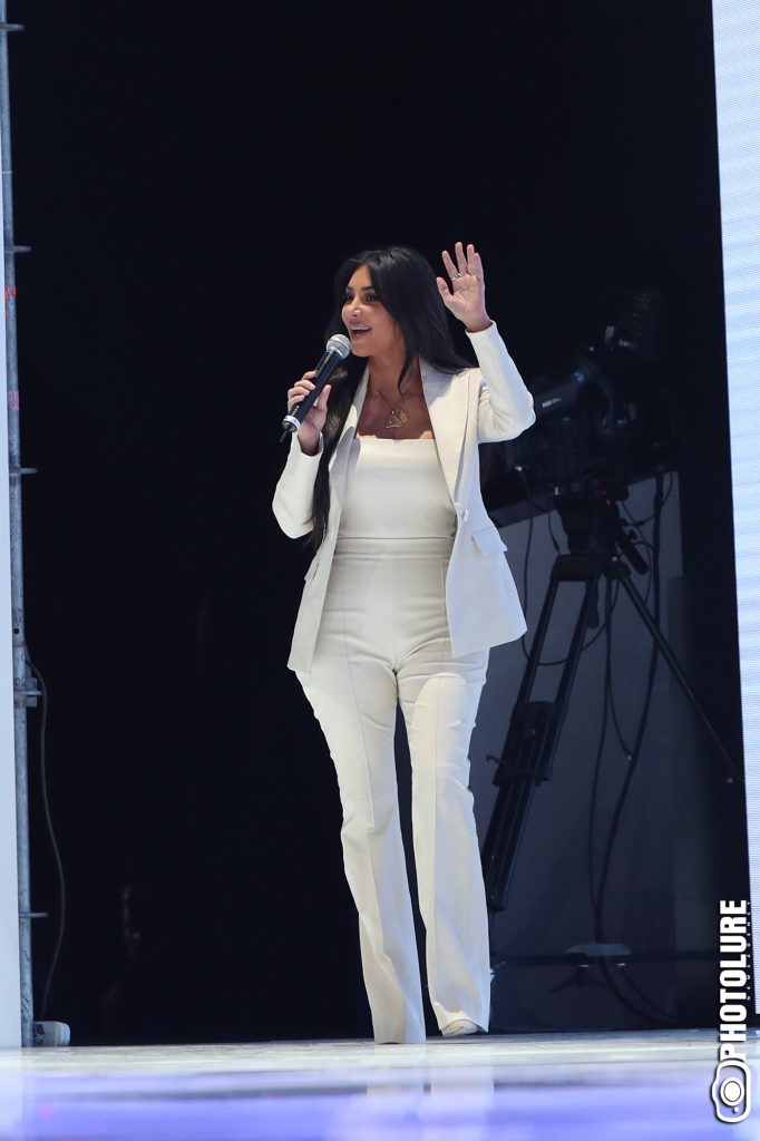 Kim Kardashian holds a speech during the ‘WCIT 2019’ Congress for innovators and entrepreneurs at the Karen Demirchyan Sports and Concerts Complex 