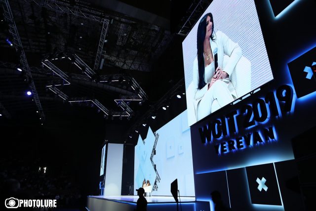 Kim Kardashian holds a speech during the ‘WCIT 2019’ Congress for innovators and entrepreneurs at the Karen Demirchyan Sports and Concerts Complex 
