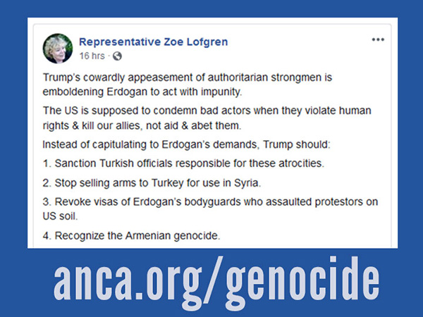 House Administration Committee chair Rep. Zoe Logren shares her commitment to holding Turkey accountable in this Facebook post in support of H.Res.296