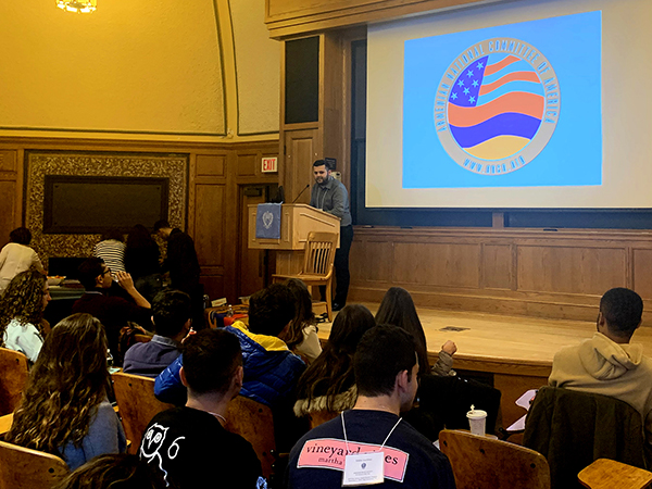 The ANCA's Sipan Ohannesian offering an update about the Hovig Apo Saghdejian Capital Gateway Program and Leo Sarkisian Internship to participants at the ARS Eastern US Norian Youth Connect Program.