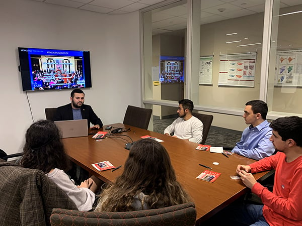 The ANCA's Sipan Ohannesian chatting with students at Boston College about the House passage of the Armenian Genocide Resolution as well as the Hovig Apo Saghdejian Capital Gateway Program.