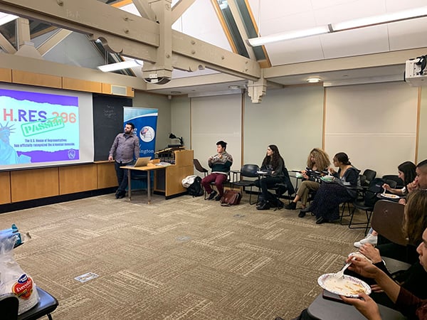 The ANCA's Sipan Ohannesian offering an update about the Hovig Apo Saghdejian Capital Gateway Program and Leo Sarkisian Internship to Brown University students.