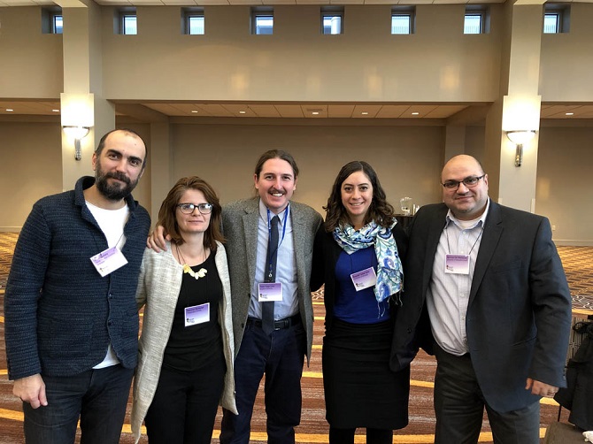 Left to right: Murat Cankara, Dzovinar Derderian, Yasar Tolga Cora, Anoush Suni, SAS President Bedross Der Matossian. (Photo: Barlow Der Mugrdechian)