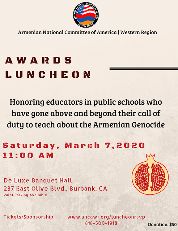 ANCA-WR to honor teachers at Armenian Genocide Education Award Luncheon