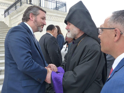 Sen. Ted Cruz (R-TX) with His Eminence Archbishop Oshagan Choloyan, Prelate of the Armenian Apostolic Church of the Eastern United States and ANCA Chairman Raffi Hamparian on steps of the U.S. Capitol.