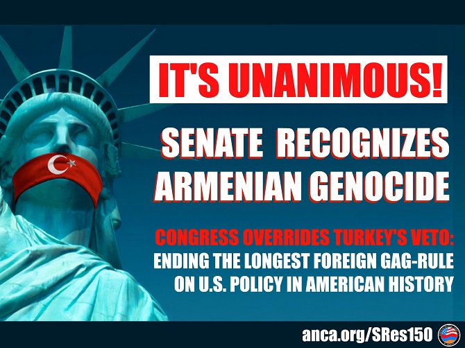U.S. Senate unanimously recognizes Armenian Genocide, rejects Turkey’s gag-rule against American remembrance of this crime