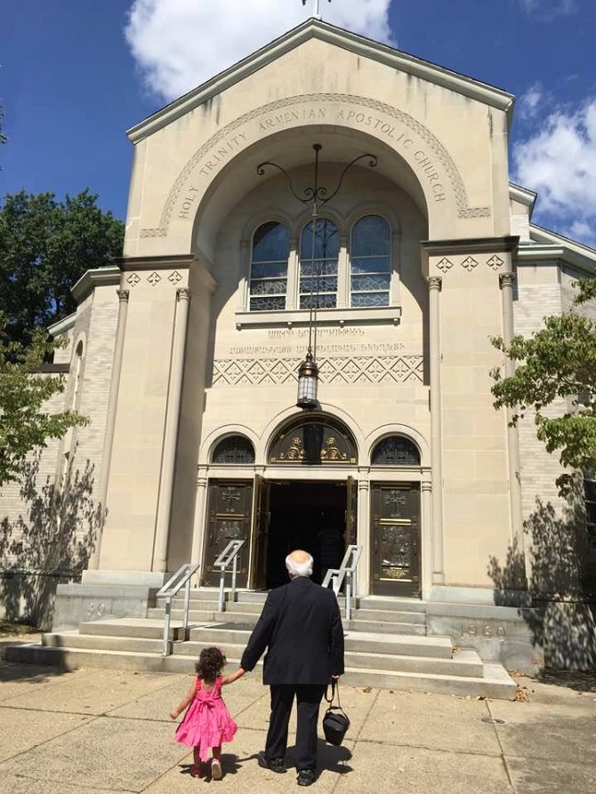 Vartan Inguilizian walking to Holy Trinity Armenian Apostolic Church (Cambridge, Mass) with his granddaughter Aiki Mikaelian. “My dad instilled our faith in our family,” writes Ani Inguilizian Mikaelian.