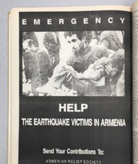 A fundraising plea in the Armenian Weekly’s Dec. 10, 1988 issue, published just three days after the devastating earthquake that rattled Armenia. “…The event that had the most impact on me has to be the 1988 earthquake. The radio was always on in our office. When we heard the word “Armenia,” we all stopped and listened. Once we realized what had happened, we all broke down and cried. But within a week, the Hairenik was abuzz with activities. A major fundraising effort was underway. The building was open about 16 hours a day to accommodate everyone who wanted to assist.” (Photo: Hairenik Archives)
