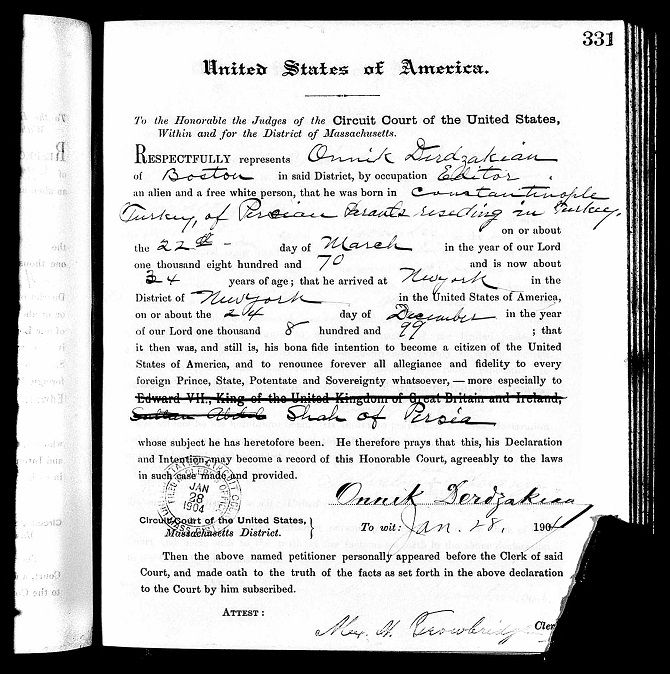 Hairenik editor Arshak Vramian’s (born Onnik Derdzakian) United States naturalization record. Vramian came to the U.S. as a fieldworker in 1899. He penned his first editorial for the Hairenik in the Feb. 17, 1900 issue. Vramian (1871-1915) was was a leading member during Armenian congress at Erzurum and a member of the Ottoman parliament elected from Van Province. He served as the editor of the Hairenik from 1900 to 1907 and was killed in 1915 during the Armenian Genocide.