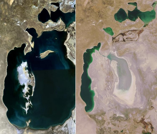Aerial views of the Aral Sea. On the left, the lake in 1989; on the right, what was left of it in 2008.