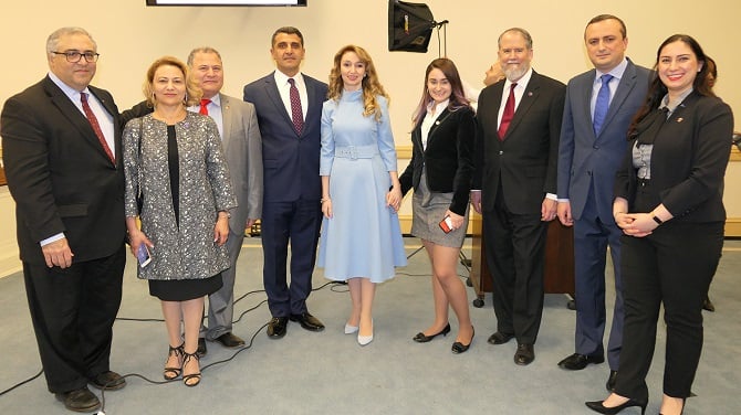 A scene from the Capitol Hill commemoration of the 30th anniversary of the Baku anti-Armenian pogroms. From L or R: ANCA Executive Director Aram Hamparian, Ayida and Ashot Petrosyan, Ambassador and Mrs. Varuzhan and Victoria Nersesian, Amb. John Evans, Artsakh Representative to the U.S. Rober Avetisyan and ANCA Government Affairs Director Tereza Yerimyan.