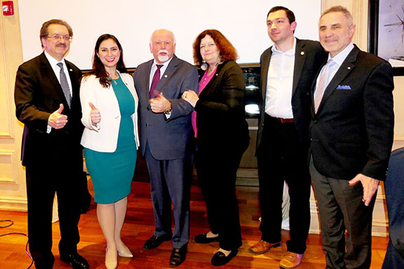 The ANCA’s Tereza Yerimyan with Louis Katsos, EMBCA Founder and Chair, Paul Kotrotsios, Founder & Publisher, Hellenic News of America; Paul Pavlakos, Supreme President of the Sons of Pericles, and Dr. Peter Stavrianidis, historian and advocate