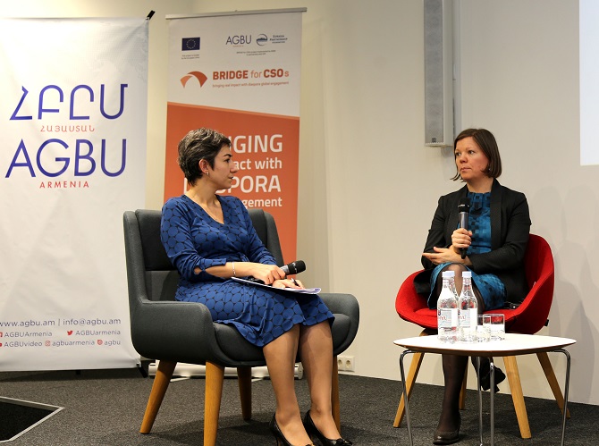 Panel discussion with partners and stakeholders. From left to right: Talar Kazanjian (AGBU Armenia Executive Director) and Line Urban (EUD Armenia International Aid/Cooperation Officer).