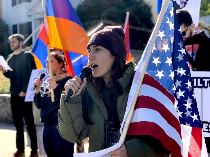 AYF Ani Chapter member Ani Mard leading calls for justice for the Sumgait and Baku pogroms at the Washington DC protest against Azerbaijani aggression.