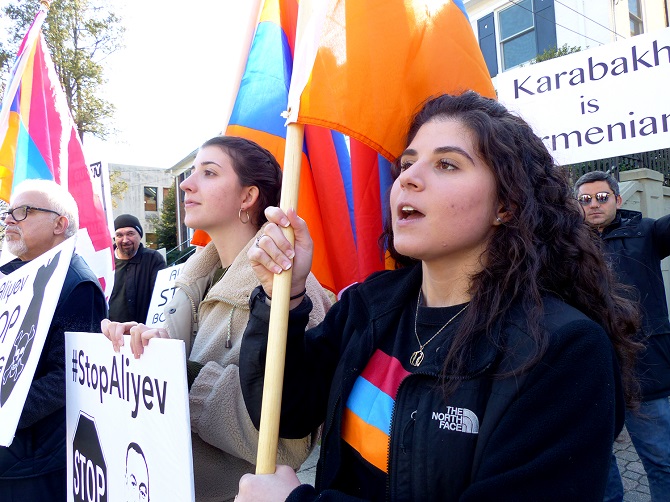 AYF Ani Chapter’s Kristine Antanesian and Alina Yousefian on the front lines for the cause of Artsakh freedom.