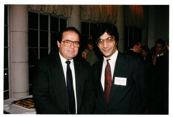 The late Supreme Court Justice Antonin Scalia and Ambassador Rouben Shougarian at an October 5, 1995 Armenian Assembly reception in Washington, DC, honoring Scalia for leading a delegation to Armenia of U.S. judges for a high level training program for Armenian constitutional and legal experts and practitioners.