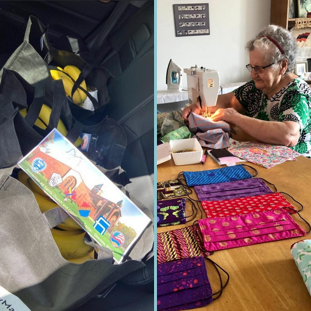 Groceries from Chicago Zabelle chapter ready for delivery while member Hermineh Kholamian makes masks