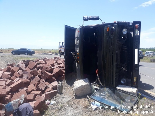 “Kamaz” car car ran off the roadway and turned onto its side
