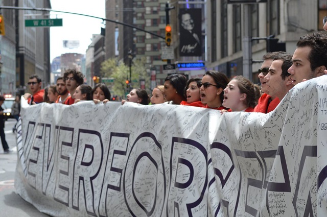 Protesters, including Arev and her best friend, during the centennial march in April 2015.