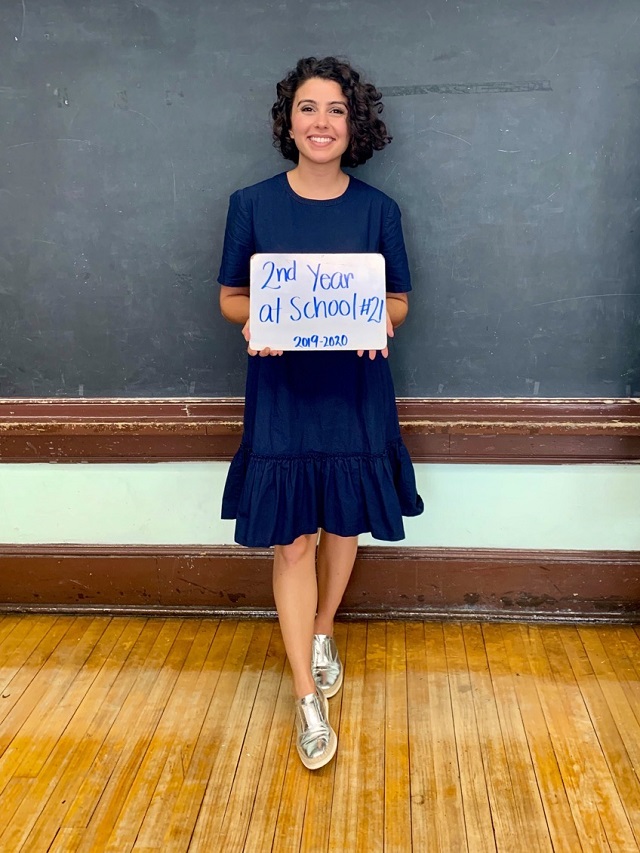 Arev at the front of her classroom on the first day of school for the Paterson School District.