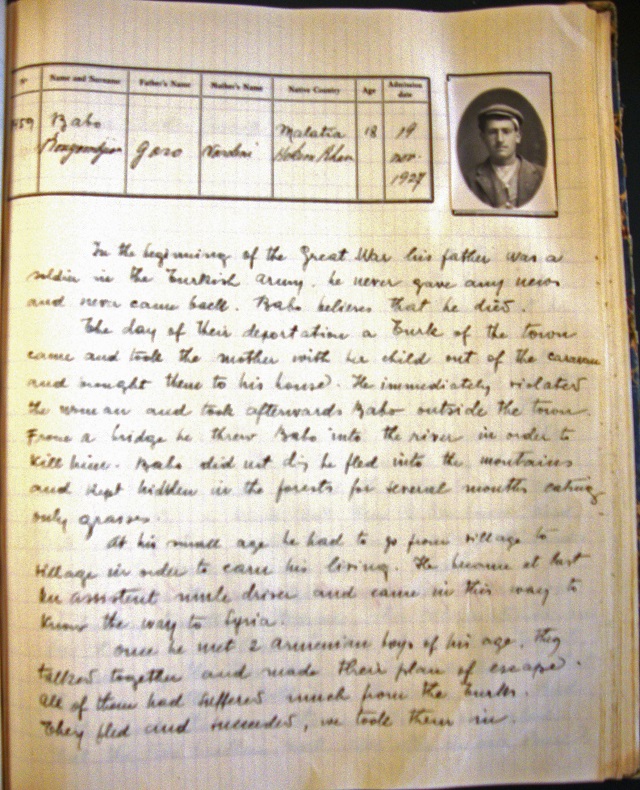 Admission file of Babo Kouyoumdjian N 1459, from Malatia, 18 years old, admitted to the Rescue Home on November 19, 1927