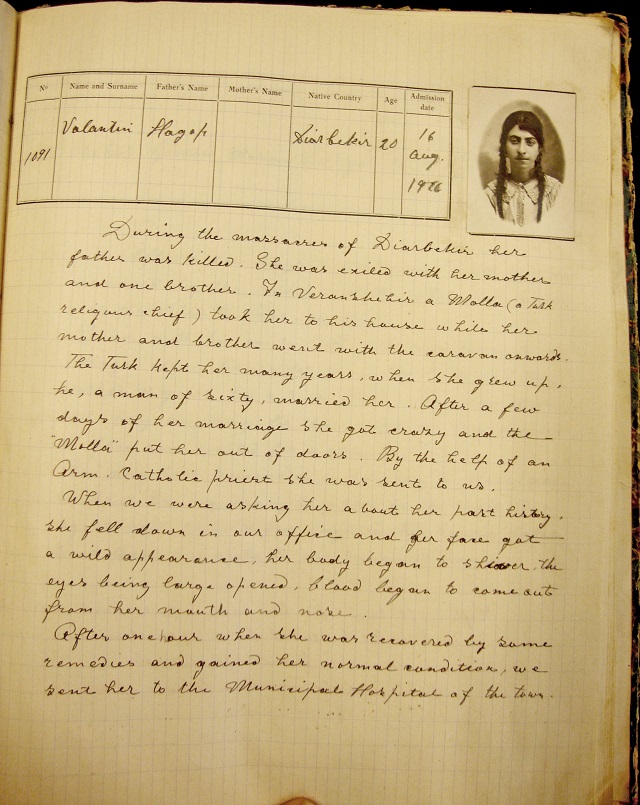 Admission file of Valantine Hakob N 1091, from Diyarbekir, 20 years old, admitted to the Rescue Home on August 16, 1926