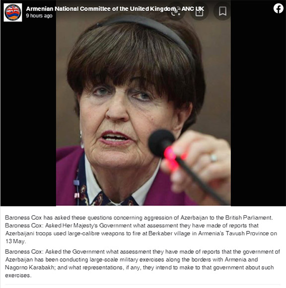 Baroness Cox urges British Government to comment on Azeri attacks on Armenian village