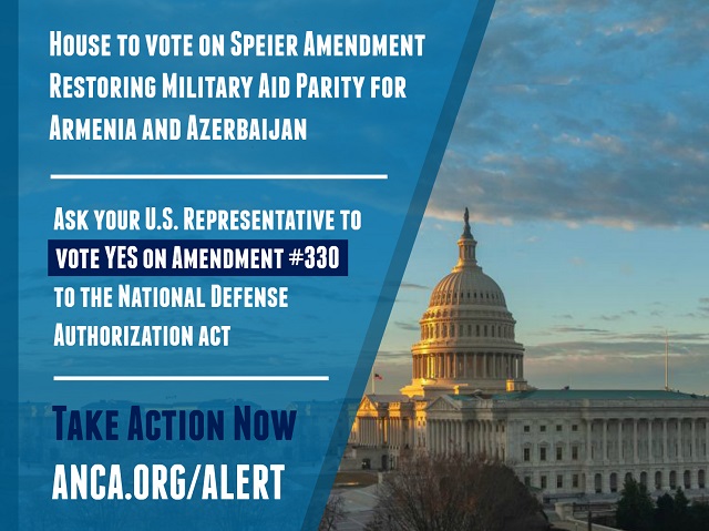U.S. House to vote on speier amendment restoring military aid parity to Yerevan and Baku
