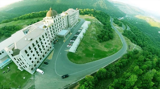 The Golden Palace Hotel Resort & Spa in the mountain resort town of Tsaghkadzor, where Armenia quarantined people exposed to coronavirus. The hotel was given to the state in 2019 by the family of an ex-customs chief being investigated for money laundering. Credit: Hetq