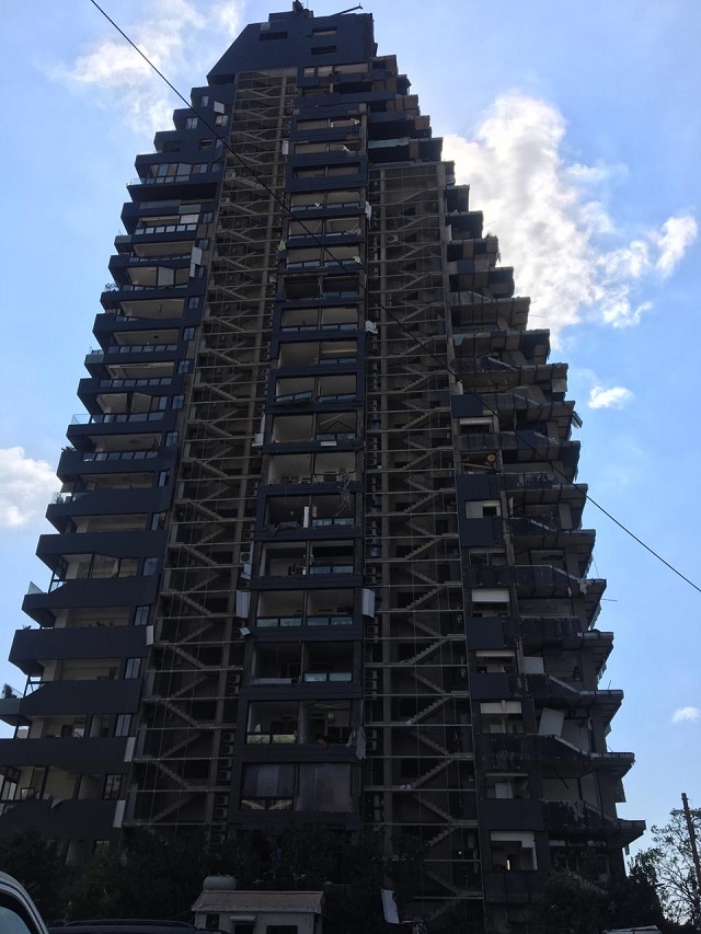 The Skyline tower, which faces the Port of Beirut. “I took this picture because it shows that the blast didn’t care about anyone’s social and economic status and devastated everything in its path.” (Levon Kalaydjian)