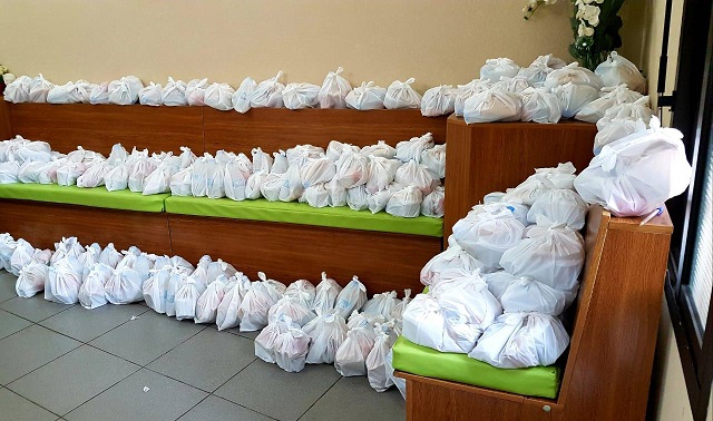 Bags of food prepared by LOKH and ready for delivery and pickup
