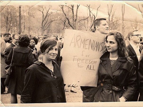 Bethel Bilezikian Charkoudian (left) pictured at a 1965 Martin Luther King Rally, Boston