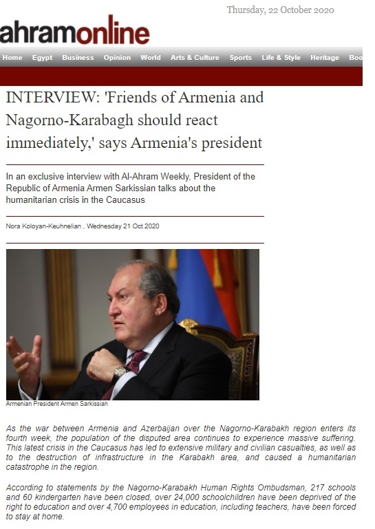 ‘Friends of Armenia and Nagorno-Karabagh should react immediately’. Armen Sarkissian’s interview to Al-Ahram