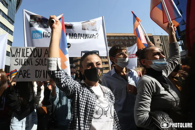 A protest action with the general question ‘Where is the UN? Why is it silent?’ referring to UN’s indifference to the conflict between Artsakh Republic and Azerbaijan took place near the UN Office in Armenia