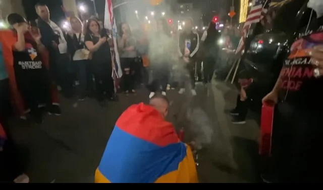 American-Armenians burn incense by Turkish Consulate in Los Angeles