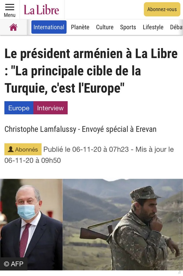 No one should have the illusion that any issue can be resolved by force. Interview of President Armen Sarkissian to La Libre Belgique
