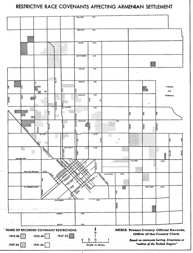 Restrictive Race Covenants Affecting Armenian Settlement. (Source: Fresno County Official Records, Office of the County Clerk, cited in Minasian, Armen Don. 1972. “Settlement Patterns of Armenians in Fresno, California” Master’s Thesis. San Fernando Valley State College. Northridge.)